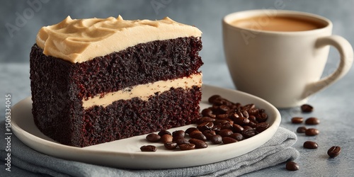 Slice of Decadent Mocha Cake. Coffee Flavored Cake on white Plate with Espresso Beans