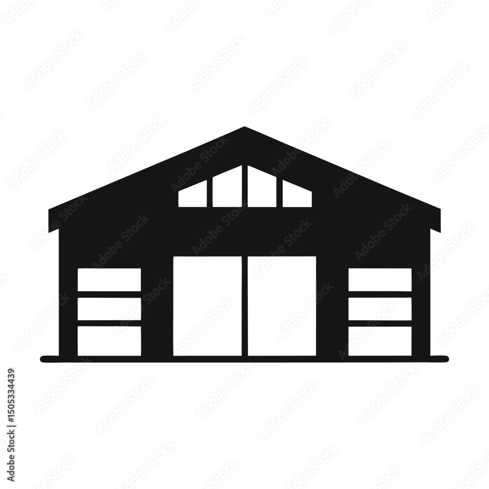 Silhouette illustration of barn or warehouse structure with front facing doors and windows Silhouette illustration of barn or warehouse structure with front facing doors and windows