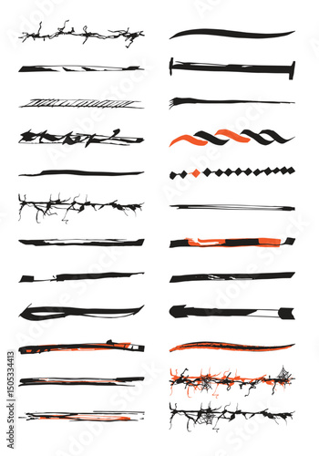 Collection of different Hand drawn halloween dividers sponky strokes isolated on white background. Collection of hand drawn templates. Can be used and edit easily. Perfect for digital art, banners.