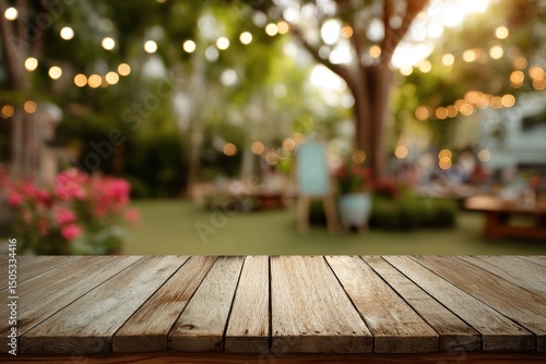 Rustic Wooden Table with Outdoor Party Venue and String Lights