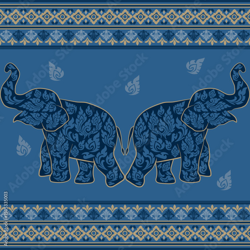 A refined Thai-style elephant design on a deep blue background, featuring intricate kanok-inspired patterns and symmetrical border elements. This cultural vector is ideal for textile prints, packaging