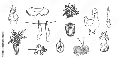Cottagecore set cosy country rural things sketch. Retro cute whimsy farm themed cottage core aesthetic. Hobby collection, vegetables doodle.