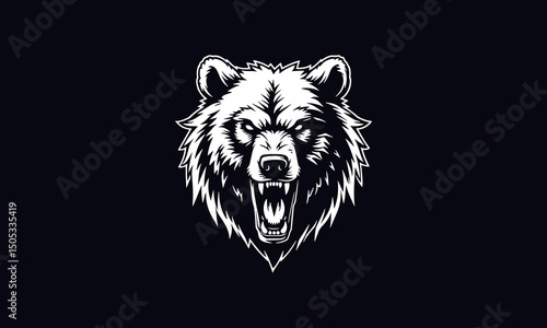 Angry bear head vector, grizzly bear head illustration, black and white bear head vector