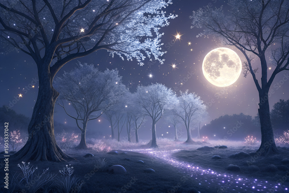 Obraz premium Crystal Forest Under Moonlight – Mystical Night Fantasy Scene