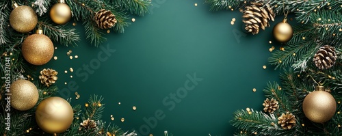 festive banner featuring golden baubles and pine branches on a rich emerald green background, Generative AI