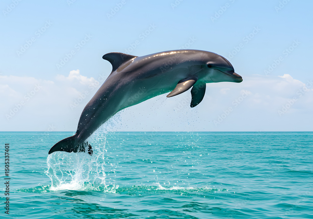 Fototapeta premium Majestic Dolphin Leaping from Ocean Waves A Breathtaking Wildlife Photo