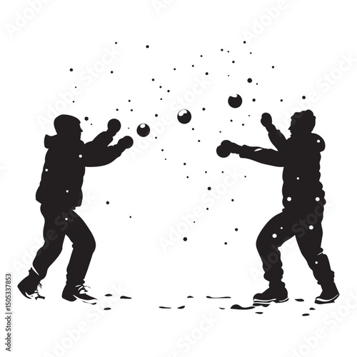 Snowball fight is a black-and-white silhouette vector designed for T-shirts, mugs, posters, and digital prints. Fully scalable and market-ready