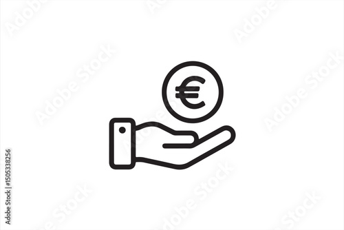 Black Line Icon of a Hand with a Euro Coin for Economic and Financial Themes