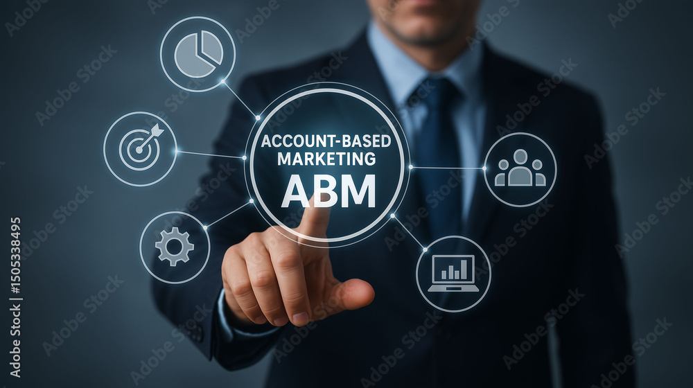virtual touchscreen press displaying abbreviation ABM account-based marketing concept highlighting business web marketing technology virtual touchscreen press displaying abbreviation ABM account-based marketing concept highlighting business web marketing technology