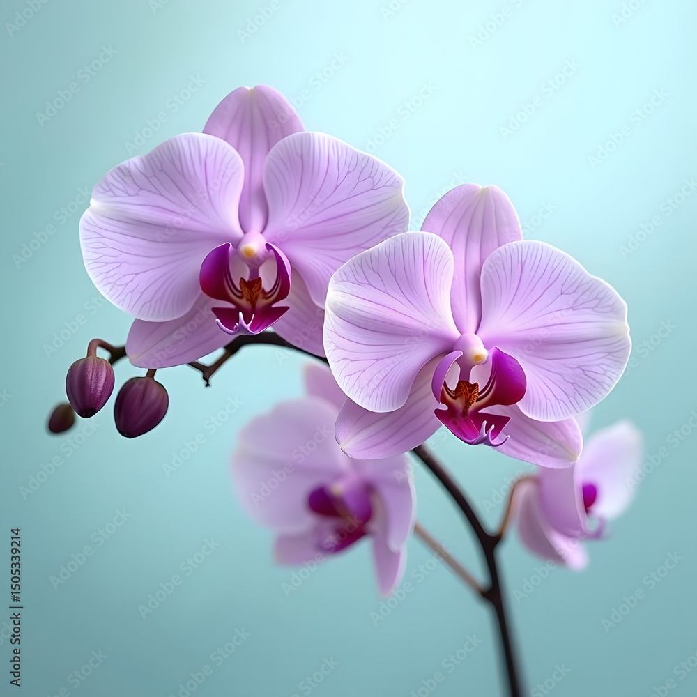 Fototapeta premium Graceful Purple Orchids in Airy Renewal on Teal Background