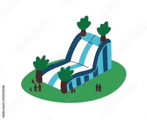 Inflatable slide for jumping in amusement park. Happy children have fun on air bouncy castle. Kids play on rubber bouncer, summer attraction. Flat isolated vector illustration on white background