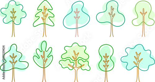 Green tree vector line art set. Wood with leaf natural collection outline style. Simple tree design elements.