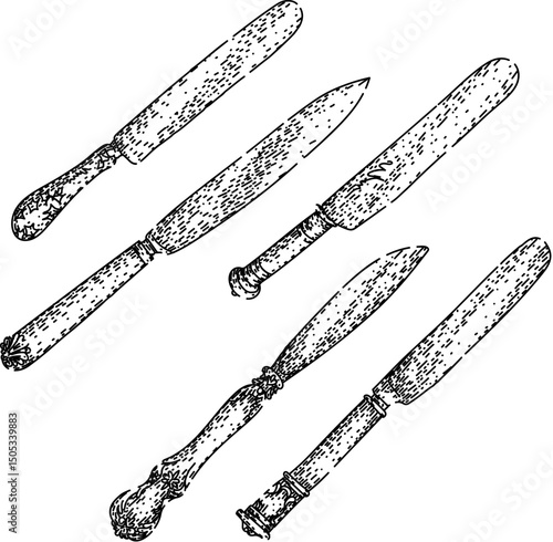 knife engraved silver set sketch hand drawn vector