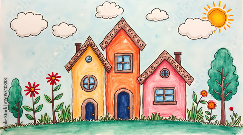 house, flower, tree, cloud, sky,generative ai