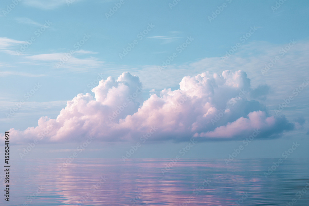 Naklejka premium Cotton candy clouds float above calm sea, reflecting soft pastel colors in tranquil and dreamy sky, evoking peaceful and serene atmosphere