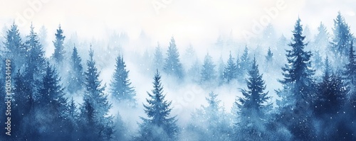 watercolor illustration of a snowy forest scene with subtle shades of blue and white, perfect for seasonal designs, Generative AI