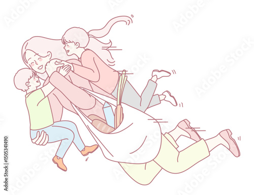 A vibrant and playful illustration showcasing a busy mother juggling her groceries along with her delightful children