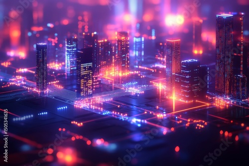 abstract depiction of a cityscape at night, connected by glowing digital pathways to represent a smart city concept, Generative AI
