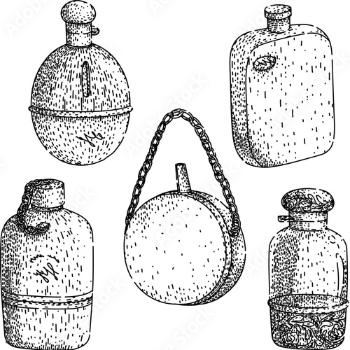 pocket flask set sketch hand drawn vector