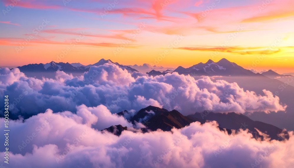 Sunset illuminating mountain peaks rising above a sea of clouds Sunset illuminating mountain peaks rising above a sea of clouds