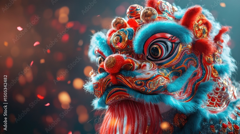 Fototapeta premium Chinese new year dragon, Traditional colorful Chinese lion and confetti, Chinese new year.