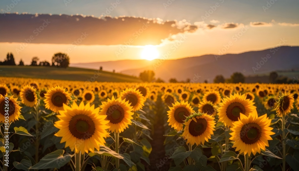 Fototapeta premium Sunflowers field at sunset creating a breathtaking landscape