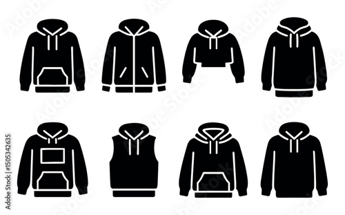 Black silhouette icons of various hoodie styles and designs