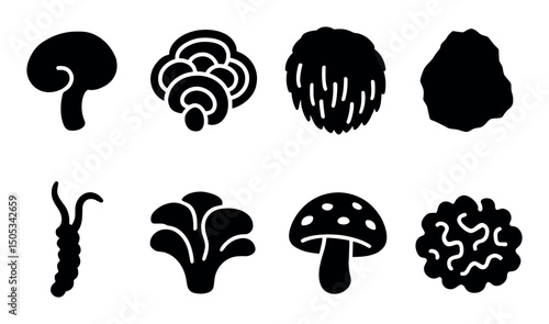 Silhouette icons of various mushrooms and fungi collection