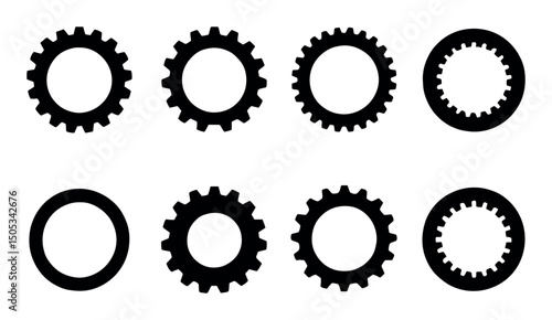 Black silhouette gears collection on white background