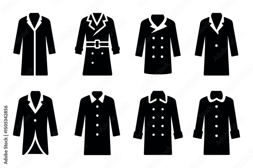 Set of black silhouette coats and jackets with various designs Set of black silhouette coats and jackets with various designs
