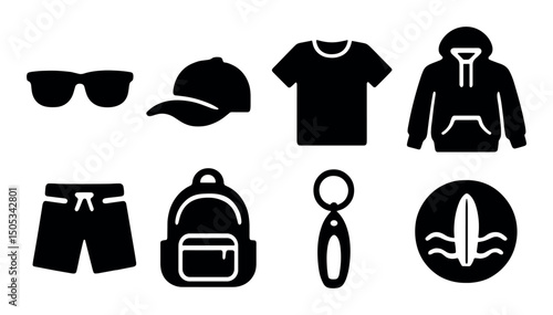 Summer essentials: sunglasses, cap, shirt, hoodie, backpack, surf