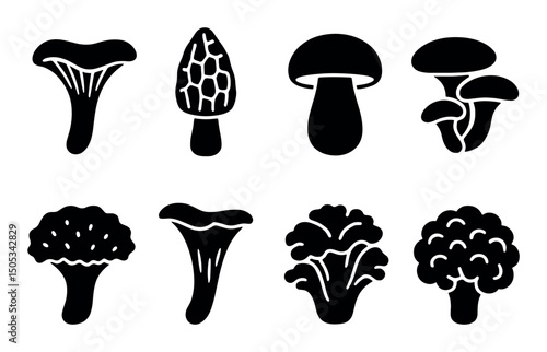 Silhouette set of diverse mushroom varieties and shapes