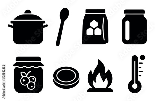Cooking and food preparation icons set in black and white