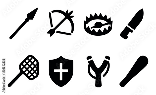 Silhouette icons of hunting and self-defense tools collection