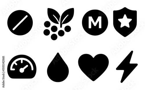 Eight solid black icons including heart, shield, and speedometer