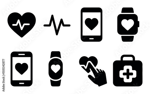 Heart and fitness icons: smartwatch, smartphone, heartbeat symbols
