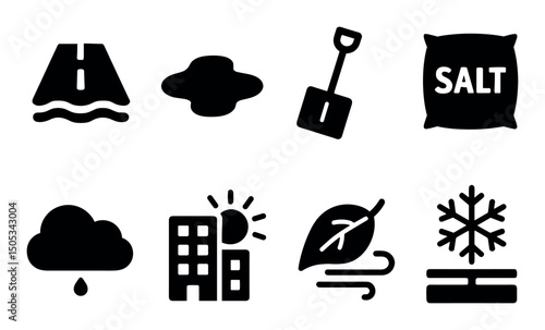Weather icons: cloud, road, shovel, salt, winter, wind, snow