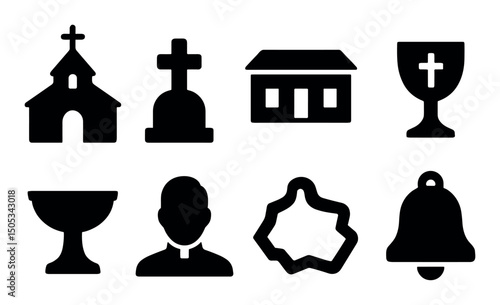 Church and religious symbols: cross, priest, chalice, bell icons