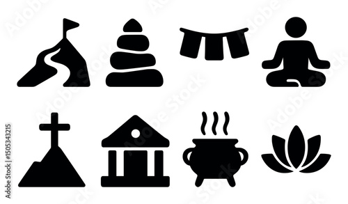 Silhouette icons: yoga, meditation, spirituality, religion, nature