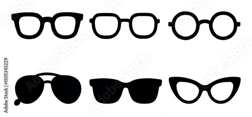 Six pairs of stylish eyeglasses silhouettes in various shapes