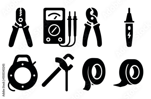 Set of electrical tools including pliers, multimeter, wire cutter