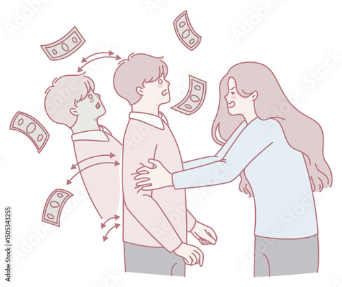 A detailed illustration depicting the emotional dynamics and financial interactions occurring between individuals