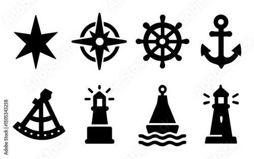 Nautical symbols: star, compass, helm, anchor, sextant, lighthouse