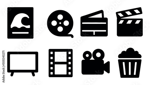 Movie and entertainment icons set: film, camera, popcorn, clapper