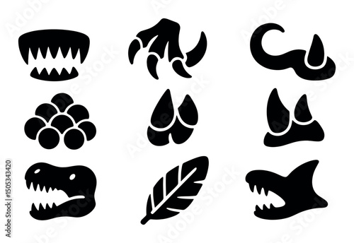 Silhouettes of animal parts including teeth, claws, and feathers