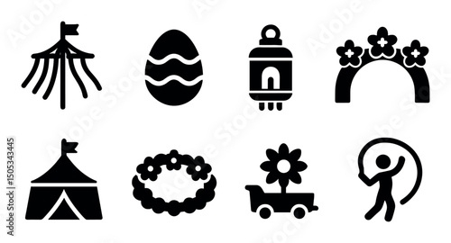 Festival icons: tent, egg, lantern, arch, garland, jump rope