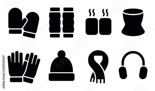 Winter essentials: gloves, mug, scarf, hat, ear muffs silhouettes