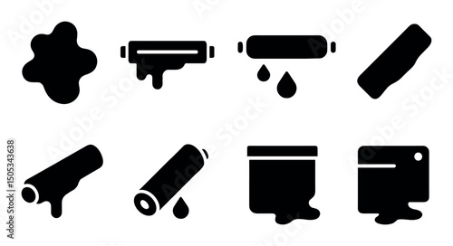 Set of ink and paint roller icons in various dripping styles