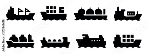 Silhouette icons of cargo ships with containers over waves