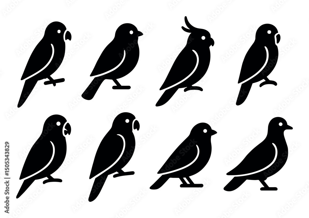 Obraz premium Set of eight bird silhouettes featuring cockatoos and parrots